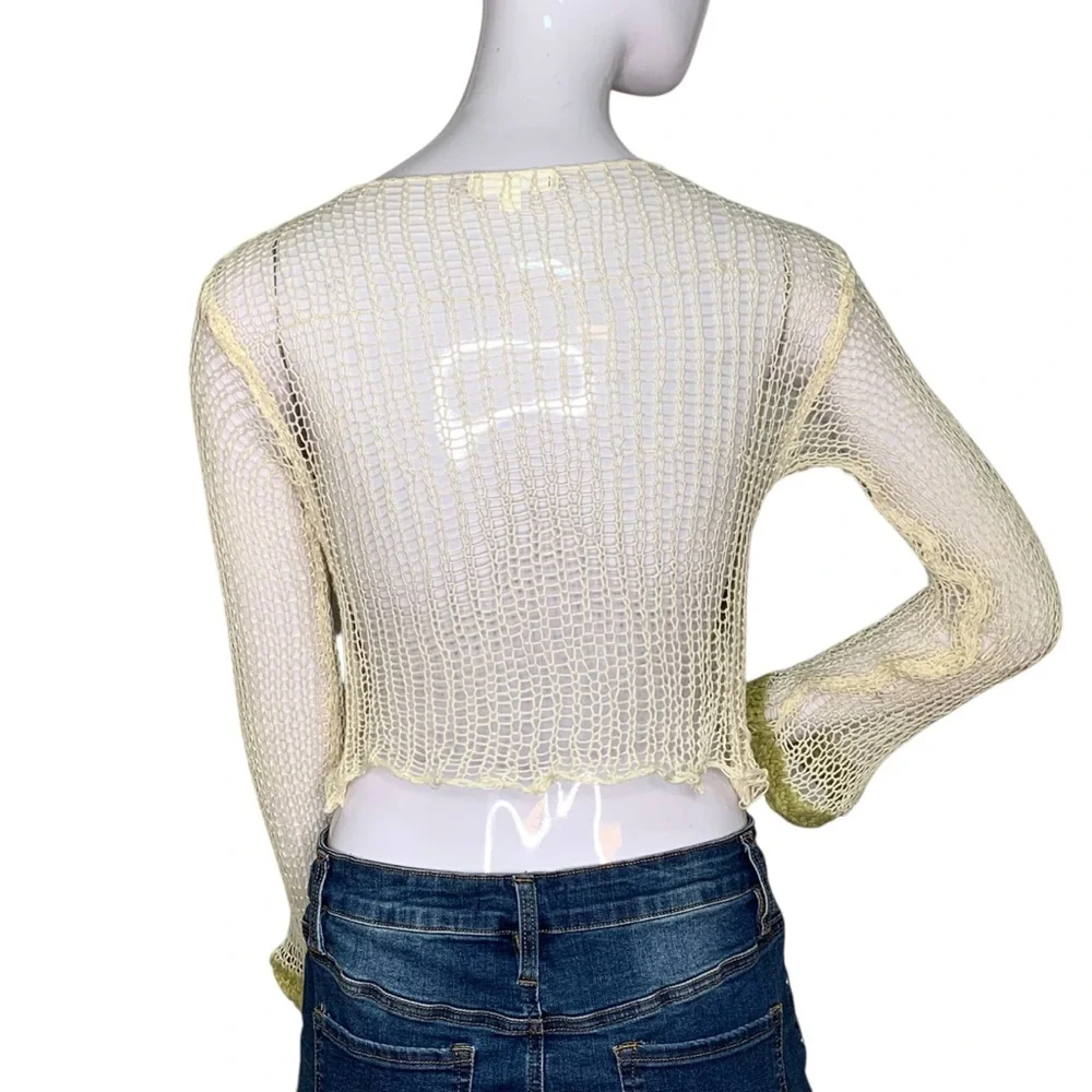 Klesis Crop Top Crochet Long Sleeve Beige Green Size S
